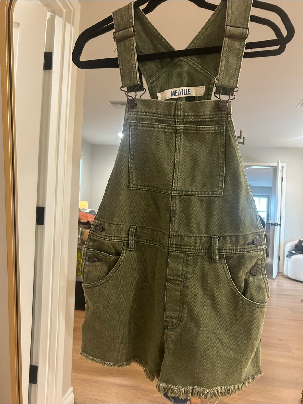 Brandy Melville olive denim overall shorts with frayed hem